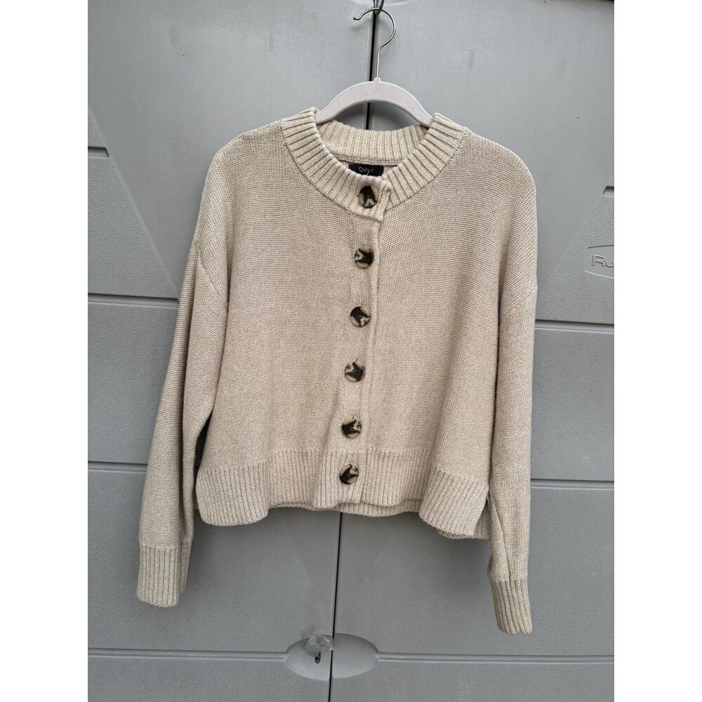 QUINCE Speckled Beige 100% ORGANIC COTTON Cropped CARDIGAN Sz S Minimalist Prepp - Picture 2 of 15